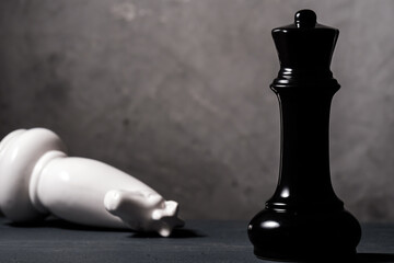 the chess piece the queen defeated the horse, the horse lies on the floor