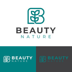 simple line art plant or leaves with letter B for nature health beauty product logo design