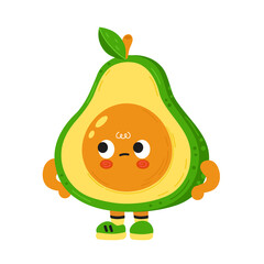 Cute funny sad irritated avocado with baby face. Vector cartoon kawaii character illustration kids emoji icon. Isolated on white background. Avocado child poster, card cartoon character concept