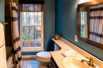 Modern dark clean bathroom in house, home with sink, toilet, counter and shower tub with window...