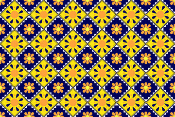 Ethnic pattern with switching rectangle style. Geometric ethnic pattern seamless as traditional pattern. Rectangle with triangle in yellow, navy blue, and orange color. Design for fabric, background.