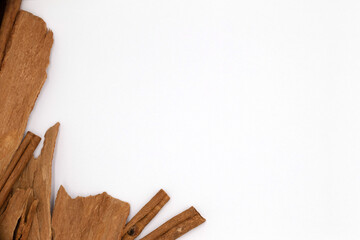 Cinnamon sticks and spice bark, on white background