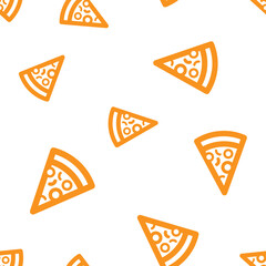 Orange linear slices of pizza isolated on white background. Cute monochrome seamless pattern. Vector simple flat graphic illustration. Texture.