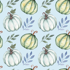 Watercolor autumn seamless pattern, blue and green pumpkins with leaves on a gentle blue background. Patter for decor, fabric, paper for Thanksgiving, Harvesting, Halloween.