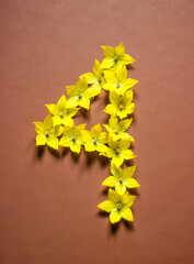 Number 4 of yellow flowers on brown background. Vertical photo