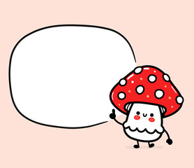 Cute funny happy amanita mushroom with empty text box. Vector hand drawn cartoon kawaii character illustration icon. Isolated on white background. Funny amanita mushroom mascot character concept
