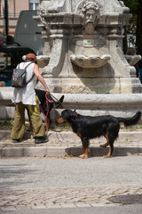 Femme tenant son chien en laisse devant une fontaine