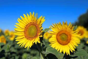 a flower of a sunflower swinging in the wind against the background of a blue sky