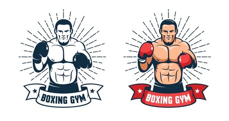 Boxing gym vintage logo. Boxer in fighting stance with ribbon - retro emblem. Vector illustration. - obrazy, fototapety, plakaty