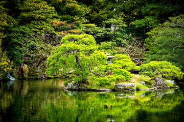 Fototapeta na wymiar Kyoto, Japan green lush foliage spring garden in Imperial Palace architecture with water reflection and stone bridge lantern on lake pond