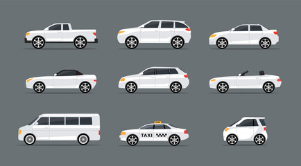 Car side view profile vector icon modern sedan bus. Vector car side view icon set