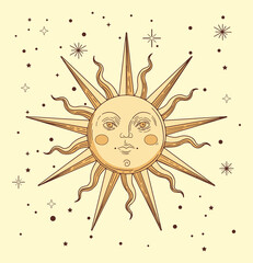 colored illustration in semi-medieval style with stylized sun and starts