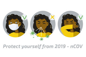 African female character sneezing in elbow infographic virus spread prevention how to sneeze right and wrong. Flat vector illustration.