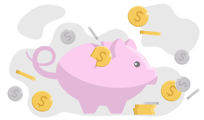 Pink piggy bank with coins money cash isolated on white background. Icon piggy bank in flat style, concept of saving money. Pig money box icon. Vector illustration in flat style.