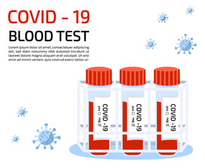 Doctor hand in medical glove with Coronavirus CoV test tube with blood. Medicine and health concept. Flat vector illustration
