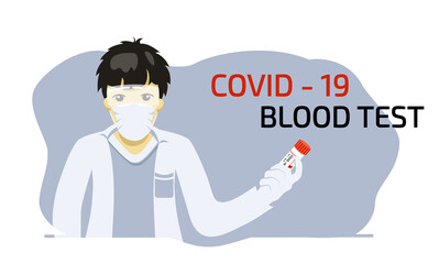 Male doctor in white  medical face mask is  holding in medical glove with Coronavirus CoV test tube with blood. Medicine and health concept. Flat vector illustration
