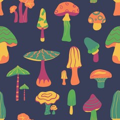 Bright, hallucinogenic, decorative, fantastic mushrooms. Psychedelic mushroom seamless pattern, black background.