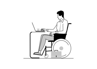 Disabled at work concept. Man sitting in a wheelchair and working at a desk with a laptop. Limited color flat vector.
