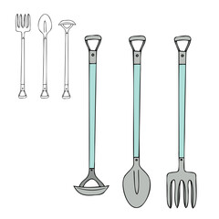 Doodle garden tools set in color and in  hand drawn outline style. Spring cares in the garden. Hand drawn collection. Vector illustration