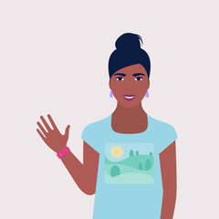 Woman greets with hand