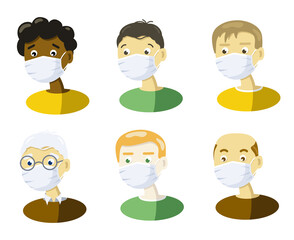 Set of Cartoon character men with medical mask to protect them from Coronavirus. Stop Virus air pollution, world pollution, prevent disease, flu. Flat vector illustration