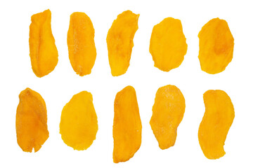 Dry tasty mango slices isolated on a white background.
