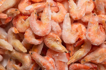 Fresh shrimps in ice. Top view.