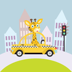 Funny giraffe cartoon in the yellow taxi vector illustration © Cup~Cup~Pop