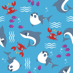 Obraz na płótnie Canvas Cute shark cartoon seamless pattern on blue background