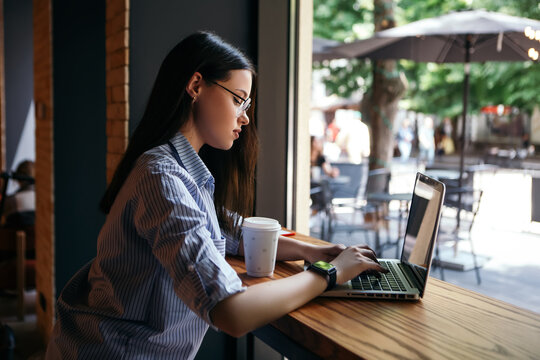 Business woman freelancer sitting thinking cafe drink hot beverage coffee break have lunch working laptop typing message text smart watch hand wear stylish glasses copyspace. International Coffee Day 
