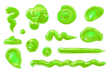 Green slime in flat cartoon style set. Toxic jelly splashes, drops or stains. Vector design for Halloween.