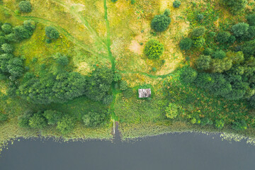 Aerial view of the beautiful shore of the lake. Summer warm day. Forest and a lot of green grass.