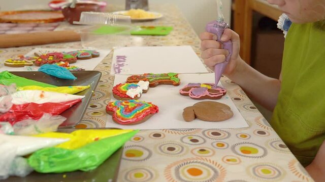 Cooking, glazing girl homemade candy, food gingerbread ood small home , ood ookie. Bakery preparing snack close,
