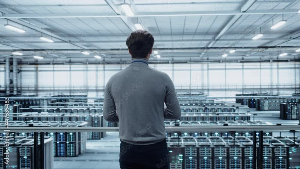 Poster Data Center Engineer Using Laptop Computer. Server Farm Cloud Computing Specialist Facility with Adult Male System Administrator Working with Data Protection Network for Cyber Security.