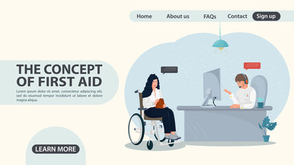 A girl in a wheelchair turns to the emergency room web page design concept flat illustration cartoon