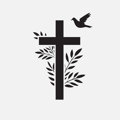 Cross, funeral design element with flower and bird. Vector illustration EPS 10 - 447536254