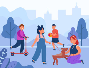 Cartoon children having fun in city park. Flat vector illustration. Kids playing football, riding scooter, walking dog in summer garden. Playground, childhood, activity, camp, vacation concept