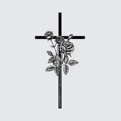 Cross with rose, funeral design element. Vector illustration, EPS 10 - 447536290