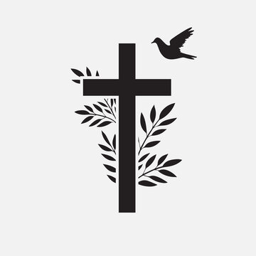 Cross, funeral design element with flower and bird. Vector illustration EPS 10