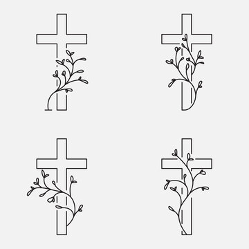 Cross Collection, Funeral Design With Flowers. Line Art, Editable Strokes. Vector Illustration EPS 10