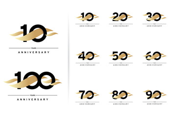 Anniversary set. 10, 20, 30, 40, 50, 60, 70, 80, 90, 100 years. Modern simple design with gold elements. Vector illustration isolated on white background - obrazy, fototapety, plakaty