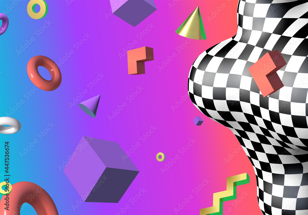 Poster Abstract background with flying colorful 3D geometric shapes over vibrant gradient backdrop. Lush and bold colored abstraction with checkered shape in 90s style.