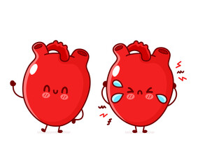Cute funny happy and sad sick heart organ. Vector flat line doodle cartoon kawaii character illustration Isolated on white background.Human heart organ, anatomy,attack cartoon mascot character concept