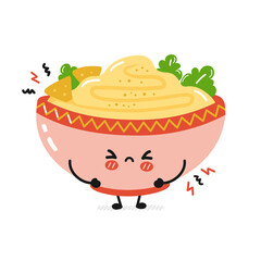Cute sad funny traditional hummus bowl character. Vector flat cartoon kawaii character illustration icon. Isolated on white background. Hummus bowl, traditional arabic food cartoon character concept