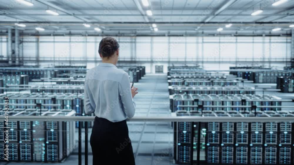 Aufkleber Data Center Engineer Using Tablet Computer. Server Farm Cloud Computing Specialist Facility with Multiethnic Female System Administrator Working with Data Protection Network for Cyber Security.
