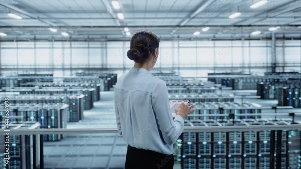 Poster Data Center Engineer Using Tablet Computer. Server Farm Cloud Computing Specialist Facility with Multiethnic Female System Administrator Working with Data Protection Network for Cyber Security.
