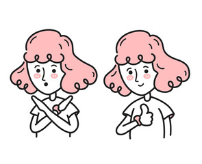 Young woman crossing arms saying no gesture show thumbs up. Vector doodle cartoon character illustration. Girl person making X shape,stop sign, negative and positive expression. Yes and no concept