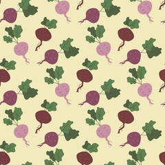 Seamless pattern with beets with green leaves, organic healthy food, vegetable, vector illustration. Hand drawn style. Print for fabric, paper or wrapping