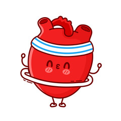 Cute funny Heart organ make gym with hula hoop. Vector flat line cartoon kawaii character illustration icon. Isolated on white background. Heart organ workout character concept