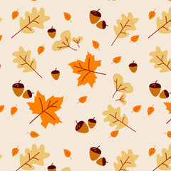 Seamless pattern with acorns and autumn oak leaves in orange, beige, brown and yellow. Perfect for wallpaper, gift paper, pattern fill, web page background, autumn greeting cards.